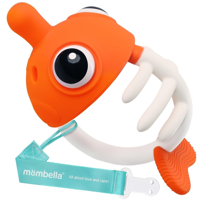 Mombella Teething Toys 3-6 Months, Clownfish Teethers for Babies 6-12 Months, Soft Silicone Baby Teether Toys with Anti Drop Clip, Baby Chew Toys 6 to 12 Months, Infant Teething Relief Toy, Orange - Image 1